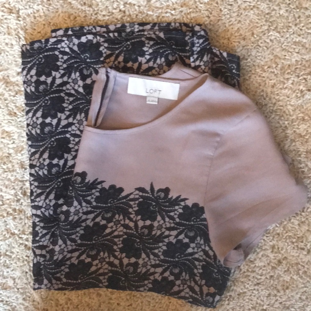 EUC LOFT nude blouse with black lace print